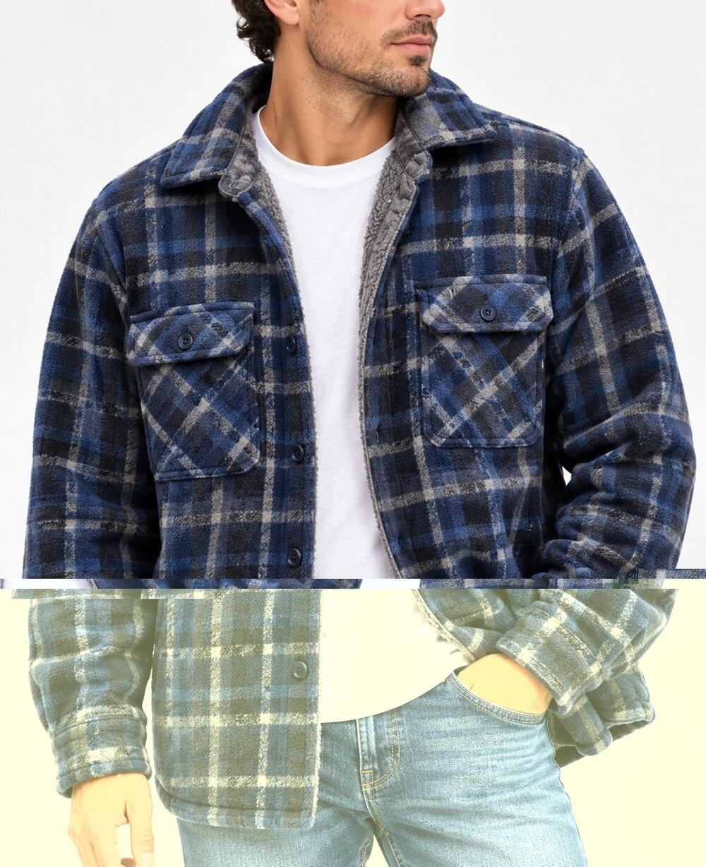 Boston Traders Flannel Shacket Mens 2XL Blue White Plaid Fleece Lined Cotton